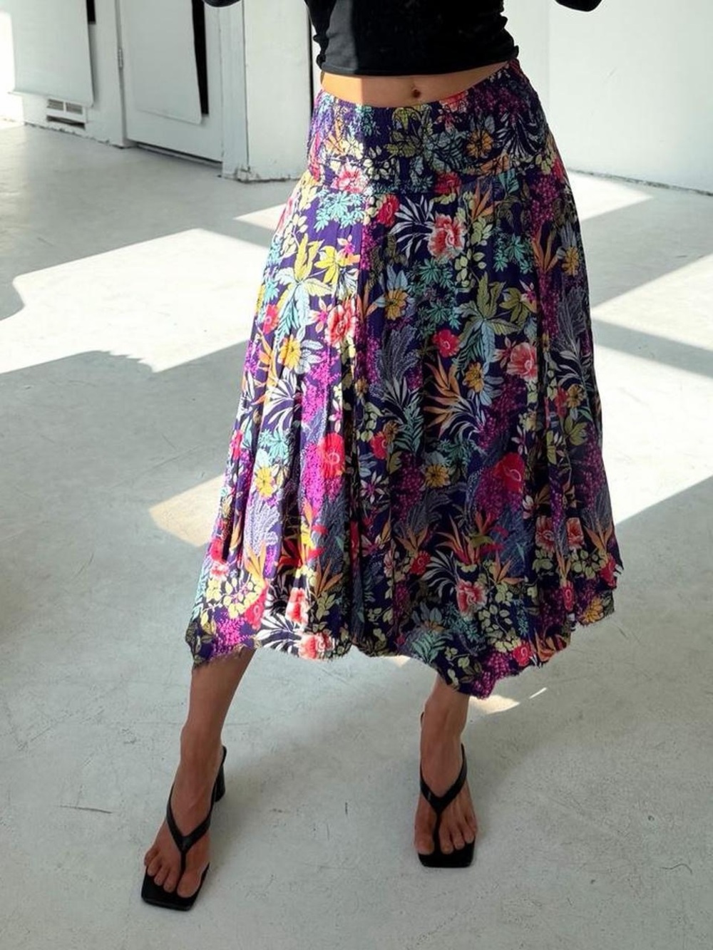 Free People Floral Flowy Asymmetric Hem Midi Skirt